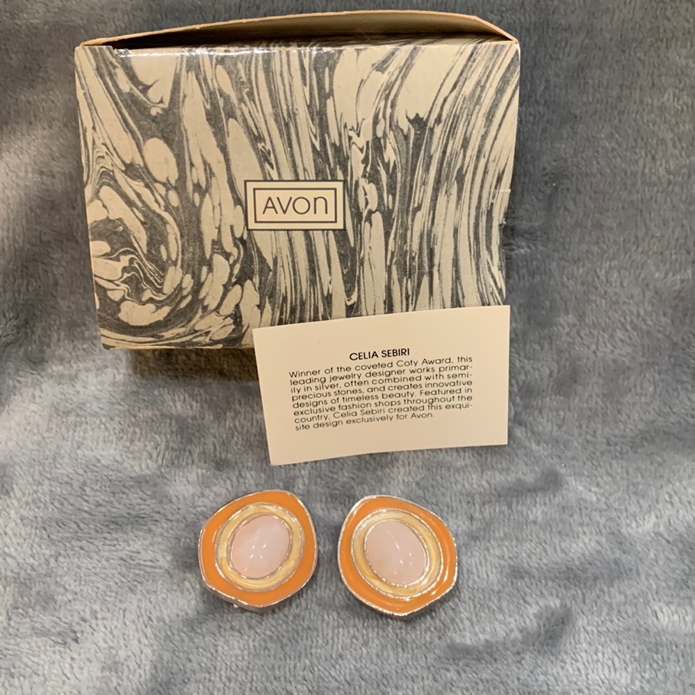 Vintage Celia Sebiri Avon Clip On Rose Quartz Enamel Earrings